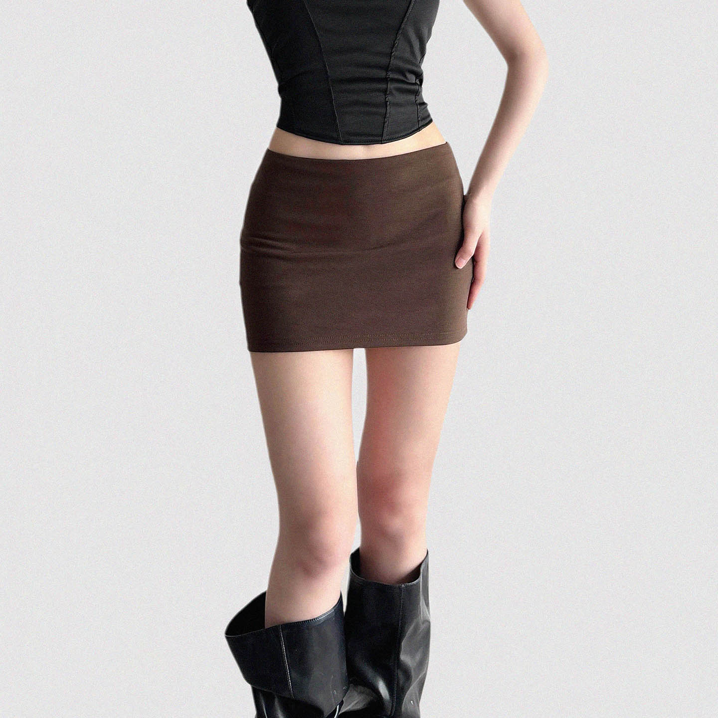 美式复古棕色一片式包臀低腰短裙