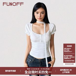 T恤复古黑色方领围脖收腰上衣 少女感白色蕾丝低胸短袖 FUNOFF 法式