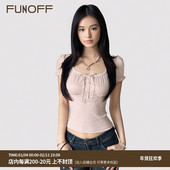 FUNOFF 少女感上衣 T恤2025春夏简约修身 法式 粉色花边收腰泡泡短袖