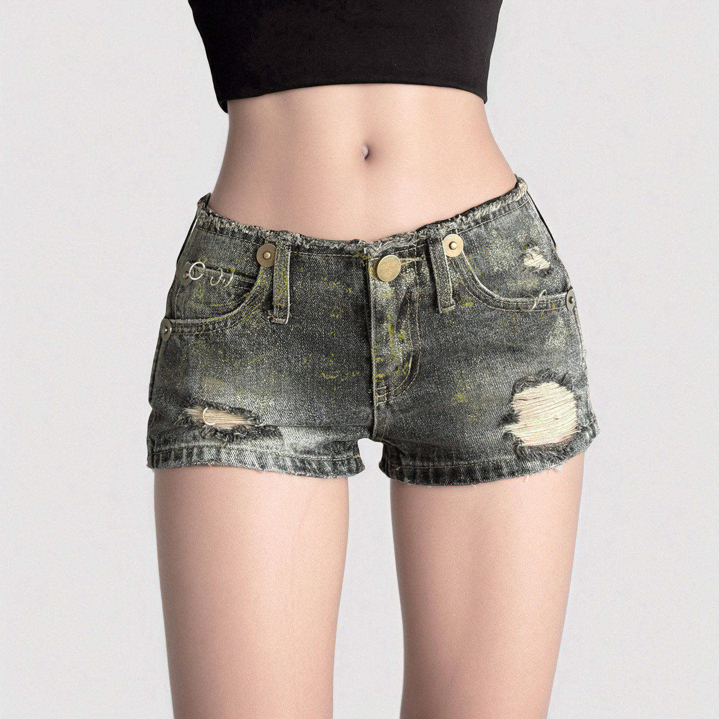 FUNFOFF 美式复古做旧磨破烫金低腰牛仔超短裤性感包臀口袋热裤夏