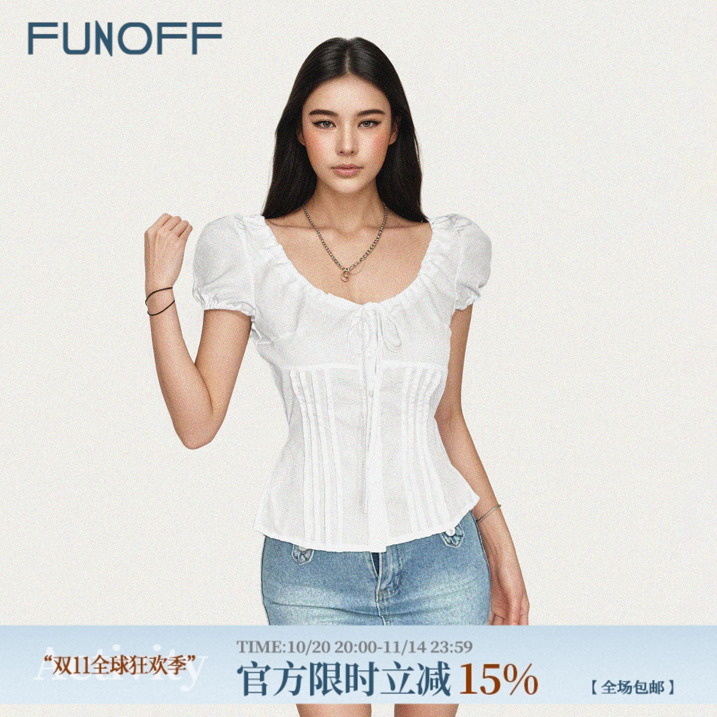 FUNOFF 法式bm白色绑带圆领收腰短袖衬衫黑色蝴蝶结泡泡袖T恤上衣