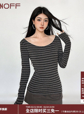 FUNOFF 复古灰色miu系条纹斜肩轻薄长袖罩衫秋修身圆领T恤上衣女
