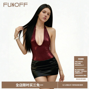 FUNOFF 复古红色亮片V领低胸挂脖连衣裙辣妹性感派对褶皱包臀短裙
