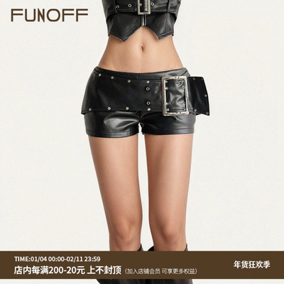 美式复古黑色皮革金属扣低腰短裤