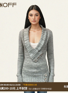 FUNOFF 美式复古灰色翻V领纽扣长款毛织长袖秋古着感低胸收腰上衣