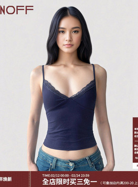 FUNOFF 美式复古简约V领低胸蓝色吊带背心性感露背收腰内搭上衣女