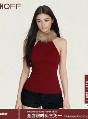 FUNOFF 美式复古红色毛领拼接无袖背心新年简约修身收腰针织上衣