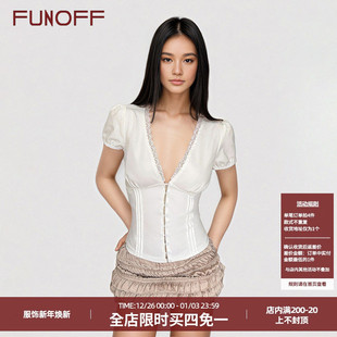 性感蕾丝排扣收腰短袖 FUNOFF 衬衫 bm风白色V领低胸泡泡袖 上衣 法式