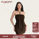 FUNOFF 复古棕色串珠挂脖抹胸连衣裙性感露肩收腰包臀短裙女 美式
