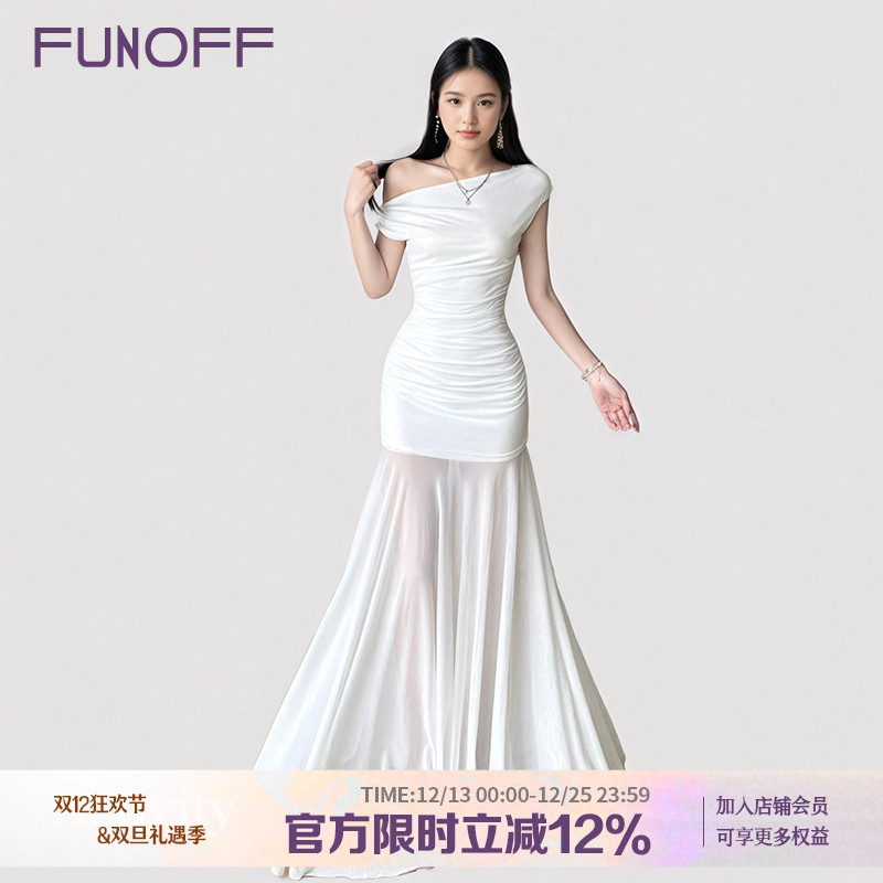 海滩度假风白色斜肩网纱连衣长裙