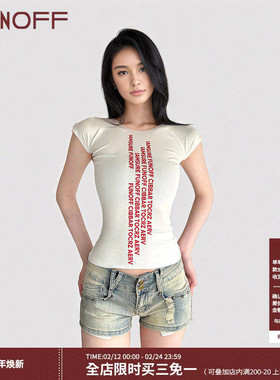 FUNOFF 美式基础白色字母印花圆领短袖T恤简约街头百搭收腰上衣夏