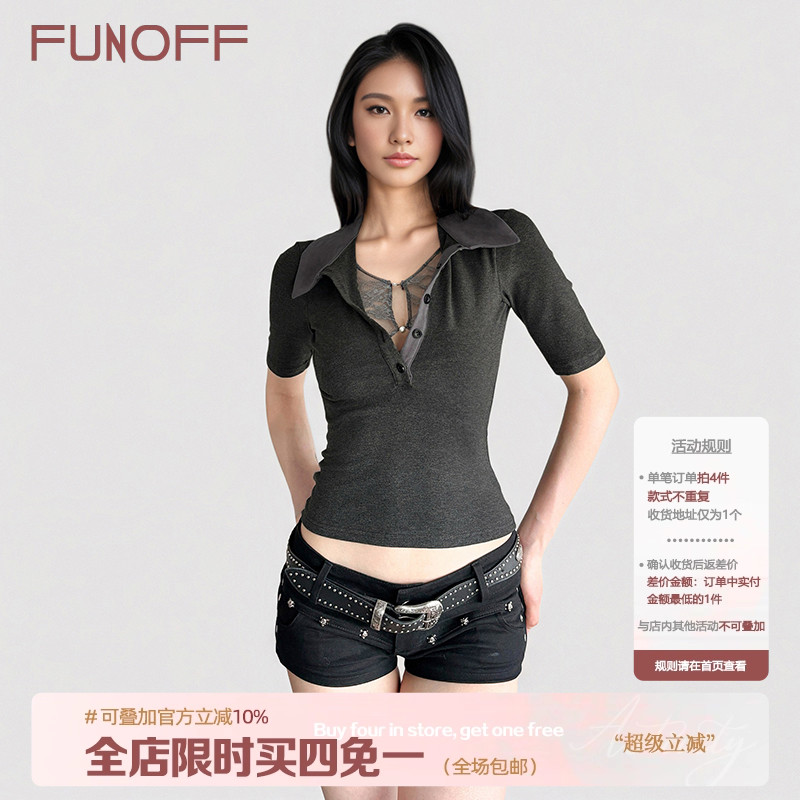 灰色假两件蕾丝POLO领短袖衬衫