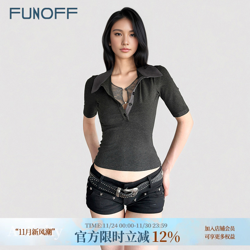 灰色假两件蕾丝POLO领短袖衬衫