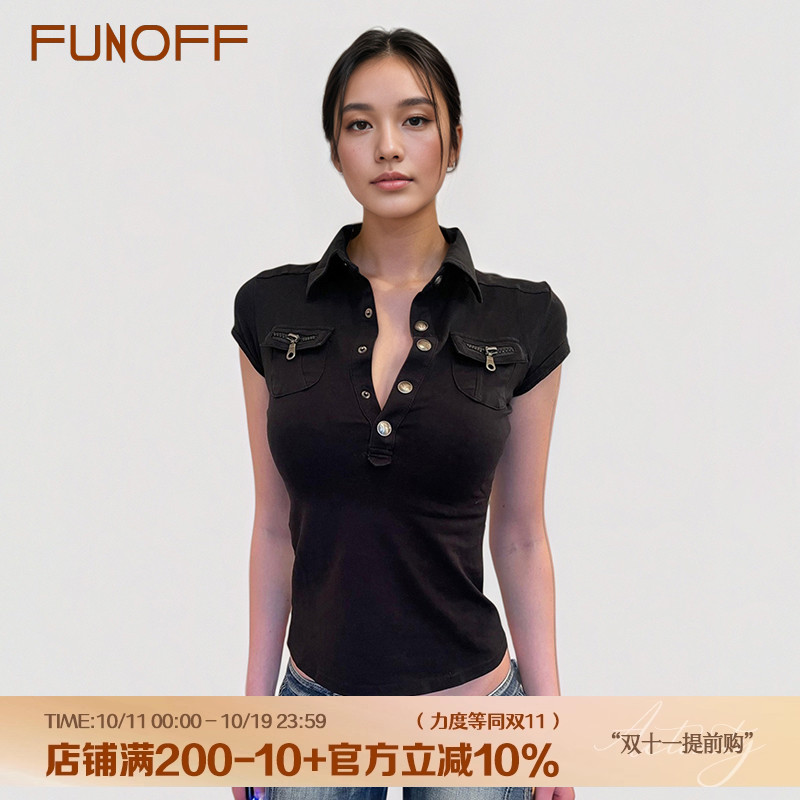 FUNOFF 美式复古黑色POLO领口袋短袖衬衫辣妹翻领收腰短袖T恤上衣