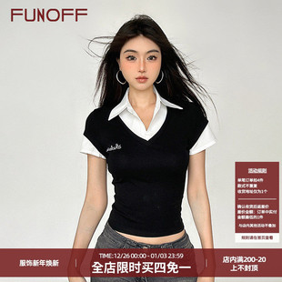 上衣女2025春夏学院辣妹收腰衬衫 FUNOFF美式 复古假两件POLO领短袖