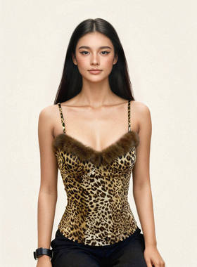 FUNOFF 美式复古豹纹毛毛低胸吊带背心性感修身收腰内搭上衣