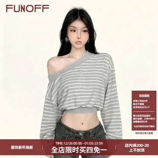 T恤2025秋街舞爵士露肩收腰上衣 复古条纹撞色斜肩长袖 FUNOFF 美式