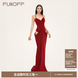 FUNOFF简约红色低胸束腰吊带鱼尾长裙性感透视修身 收腰开叉连衣裙