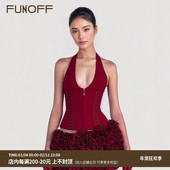 FUNOFF 美式 街头红色绑带挂脖收腰吊带背心辣妹性感露背低胸上衣
