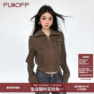 FUNOFF巴恩风复古棕色立领拉链收腰夹克短外套2025年秋冬长袖 上衣