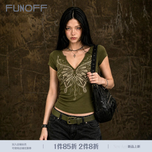 美式复古蝴蝶印花排扣V领短袖T恤