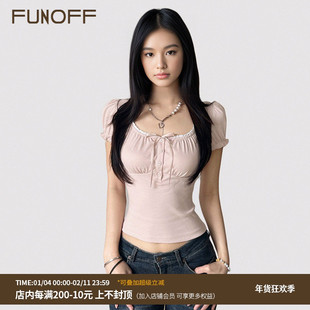 FUNOFF 法式粉色花边收腰泡泡短袖T恤2025春夏简约修身少女感上衣