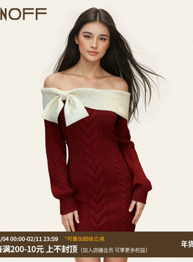 FUNOFF 美式复古撞色一字肩蝴蝶结长袖毛织连衣裙新年包臀短裙女