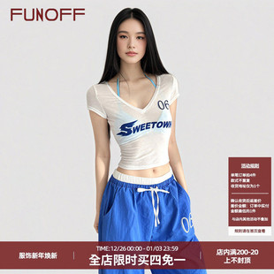 套装 FUNOFF T恤上衣休闲宽松阔腿长裤 复古字母印花两件套短袖 美式