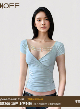 FUNOFF 复古蓝色串珠交叉V领低胸短袖T恤复古性感修身收腰上衣夏