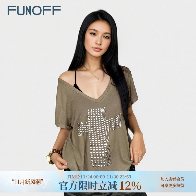 美式街头V领烫铜十字架斜肩短袖T