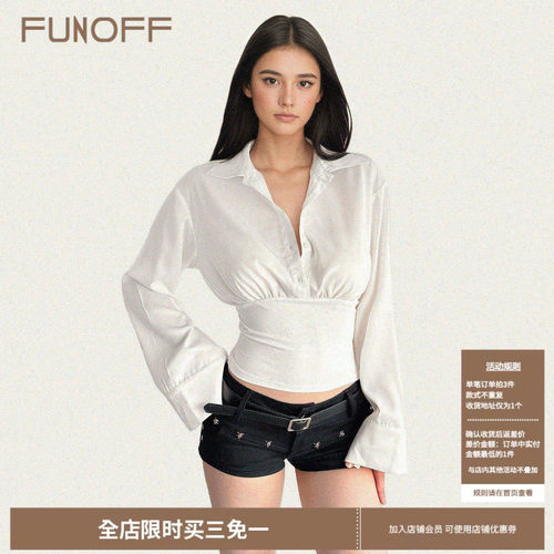 美式复古白色POLO领收腰长袖衬衫