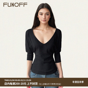FUNOFF 美式简约V领黑色蝙蝠袖收腰针织T恤百搭显瘦低胸中袖上衣