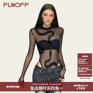 透视上衣女 连体衣街舞辣妹修身 FUNOFF 性感黑色蛇纹印花网纱长袖