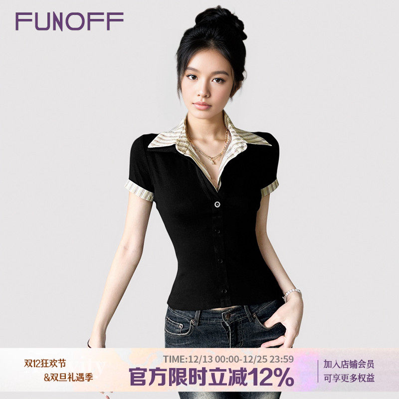 学院风黑色条纹假两件POLO领衬衫