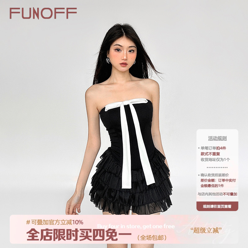 黑色蝴蝶结鱼骨束腰抹胸连衣裙女