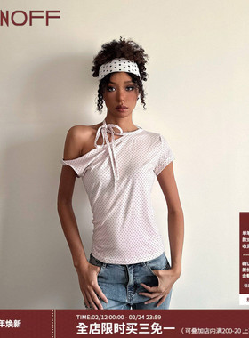 FUNOFF 美式复古淡粉色波点斜肩绑带短袖T恤简约百搭露肩收腰上衣