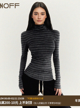 FUNOFF 美式复古黑灰撞色条纹高领长袖打底衫简约收腰内搭T恤上衣