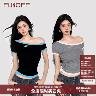 T恤爵士简约露肩收腰上衣 复古撞色斜肩假两件针织短袖 FUNOFF 美式
