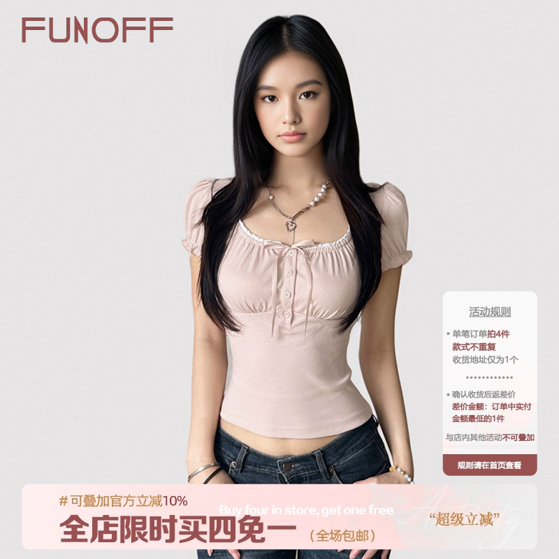 法式粉色花边收腰泡泡短袖T恤女