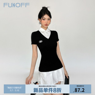 美式 FUNOFF 学院风假两件polo领纽扣连衣裙女基础百搭收腰百褶裙