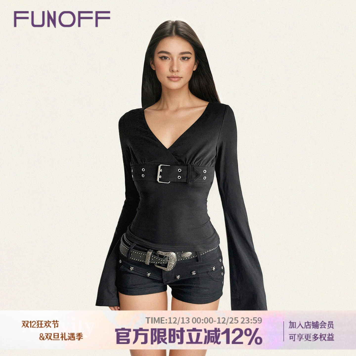 美式复古黑色V领金属扣长袖T恤秋