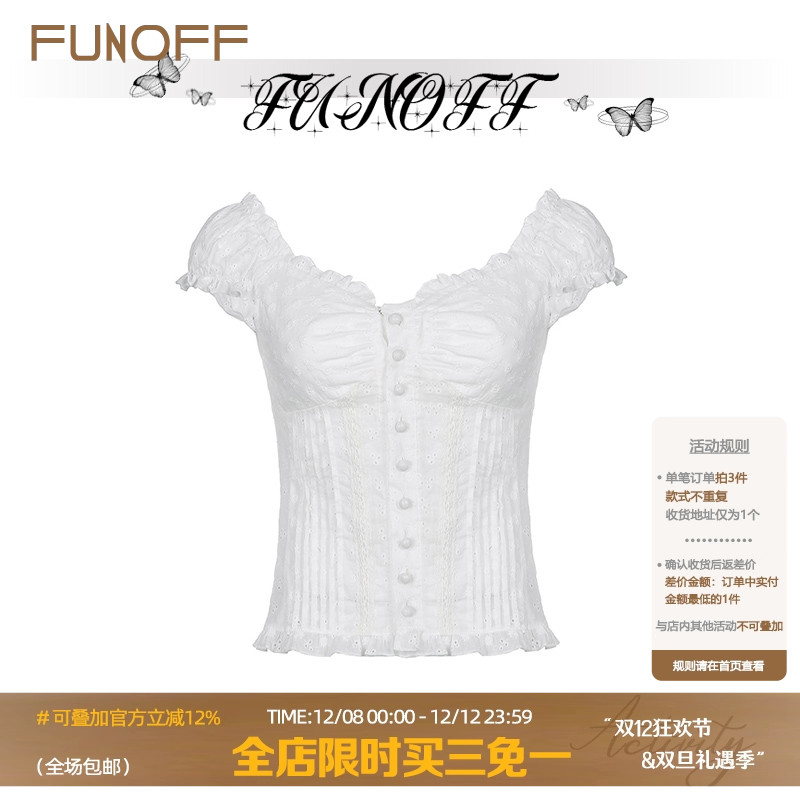 法式复古蕾丝提花褶皱排扣短袖夏