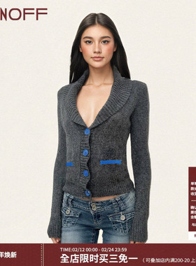FUNOFF 美式复古灰色撞色纽扣V领毛织长袖开衫性感低胸收腰上衣冬