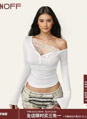 FUNOFFF 美式复古白色蕾丝斜肩长袖T恤性感低胸露肩修身收腰上衣