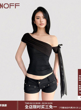 FUNOFF 美式简约黑色网纱斜肩飘带T恤设计感白色一字肩针织上衣夏