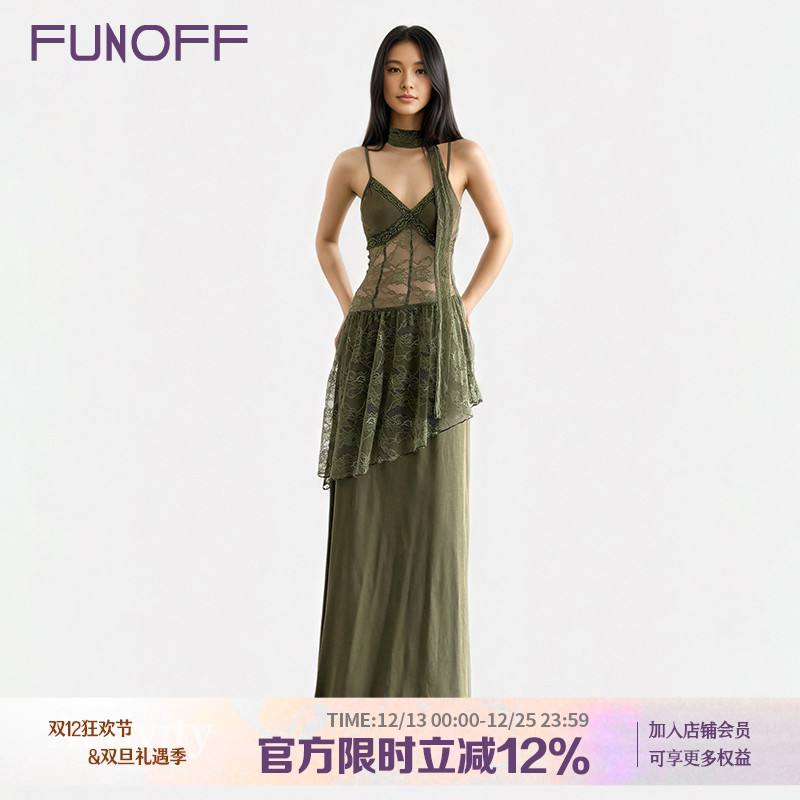 古着vintage绿色蕾丝吊带连衣裙