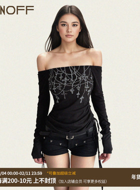 FUNOFF 美式复古黑色十字架印花一字肩长袖T恤亚文化暗黑收腰上衣