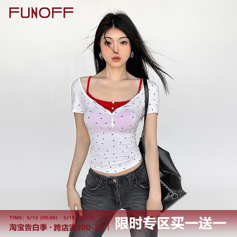 FUNOFF 高智辣妹#复古波点纽扣短袖红色上衣花边吊带真两件套