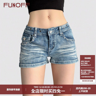 夏百搭休闲多口袋热裤 复古蓝色水洗金属低腰牛仔短裤 美式 FUNOFF