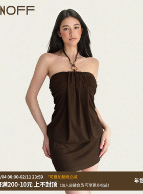 FUNOFF 美式复古棕色串珠挂脖抹胸连衣裙性感露肩收腰包臀短裙女